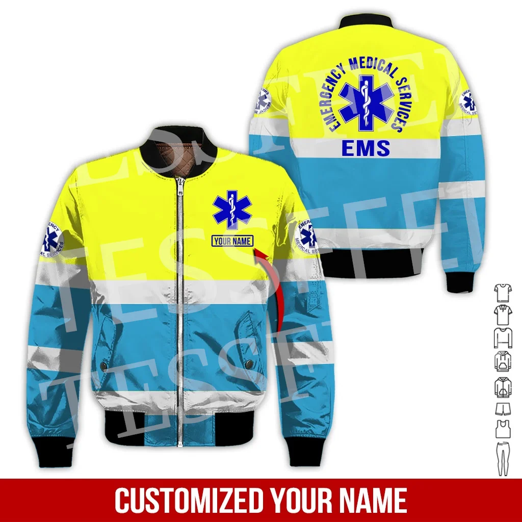 Custom Name Cosplay EMS EMT Medical Paramedic Nurse Worker Retro 3DPrint Harajuku Winter Windbreaker Warm Coat Bomber Jacket W