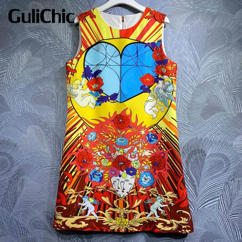 

8.18 GuliChic High Quality Women Fashion Runway Multicolor Print O-Neck Sleeveless Mini Tank Dress