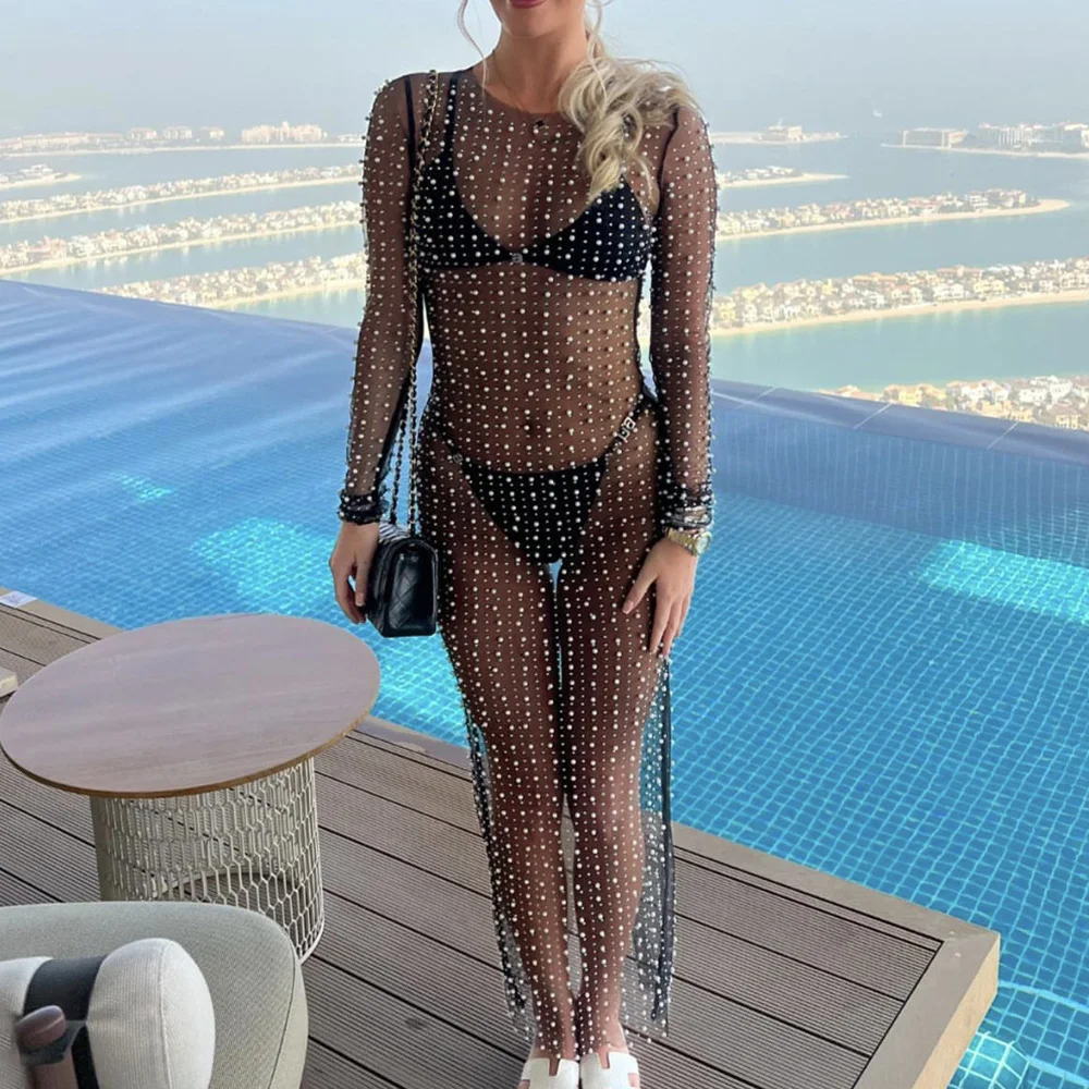 

Trend Peral Beaded Rhinestones Mesh Long-Sleeved Dress Body Chain for Women Sexy Elastic Beach Blouse Bikini Party Body Jewelry