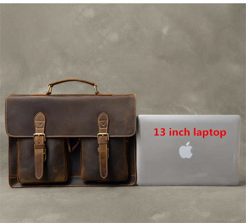 High quality natural crazy horse cowhide men briefcase brown handbag retro genuine leather lawyer laptop shoulder messenger bag