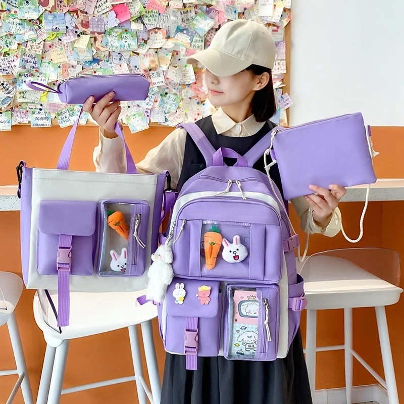 

2023 New 4 Pcs Sets Purple Colour Children's School Backpack Kawaii Women's Backpack Bookbag School Bags for Teens Girls Mochila