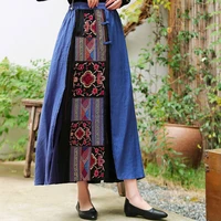 2022 chinese ethnic style retro embroidery splicing flax medium long skirt with elegant fashion skirt