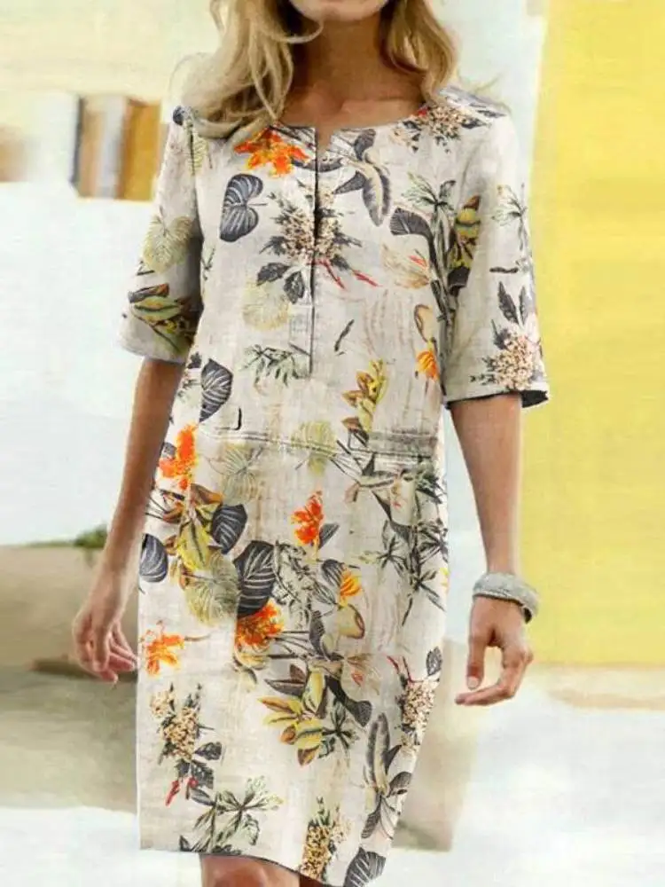 

2022 Summer Floral Printed Bohemian Sundress Vintage Cotton Linen Party Short Dress Women Casual Short Sleeve Vestidos de Mujer