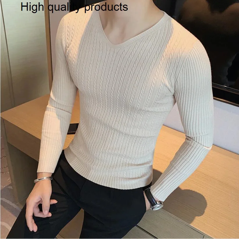 

2023 Winter Sweaters Men Korean Fashion Streetwear V-Neck Solid Color Cashmere Sweater Woolen Slim Trends S-3XL