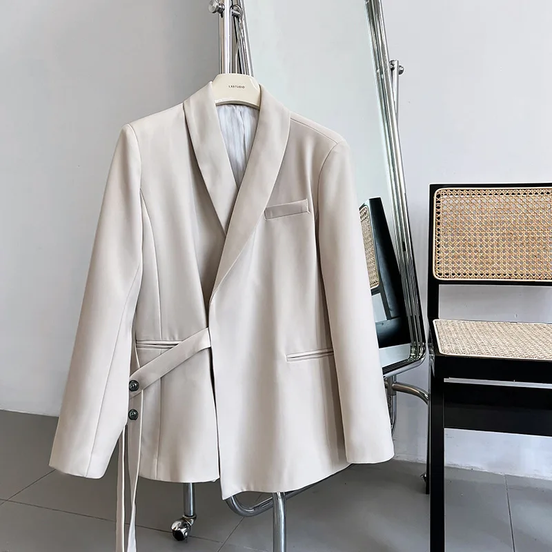 Women Designer Blazer Jackets 2023 Spring Autumn Single Button Lapel Loose Suit Jackets Female Fashion Draping Lace-up Suit Coat
