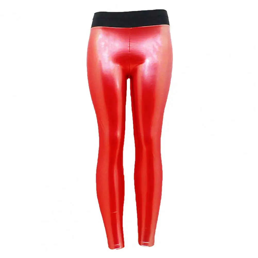 

Клубные брюки, быстросохнущие Светоотражающие глянцевые облегающие брюки с высокой талией из искусственной кожи, эластичные женские брюки