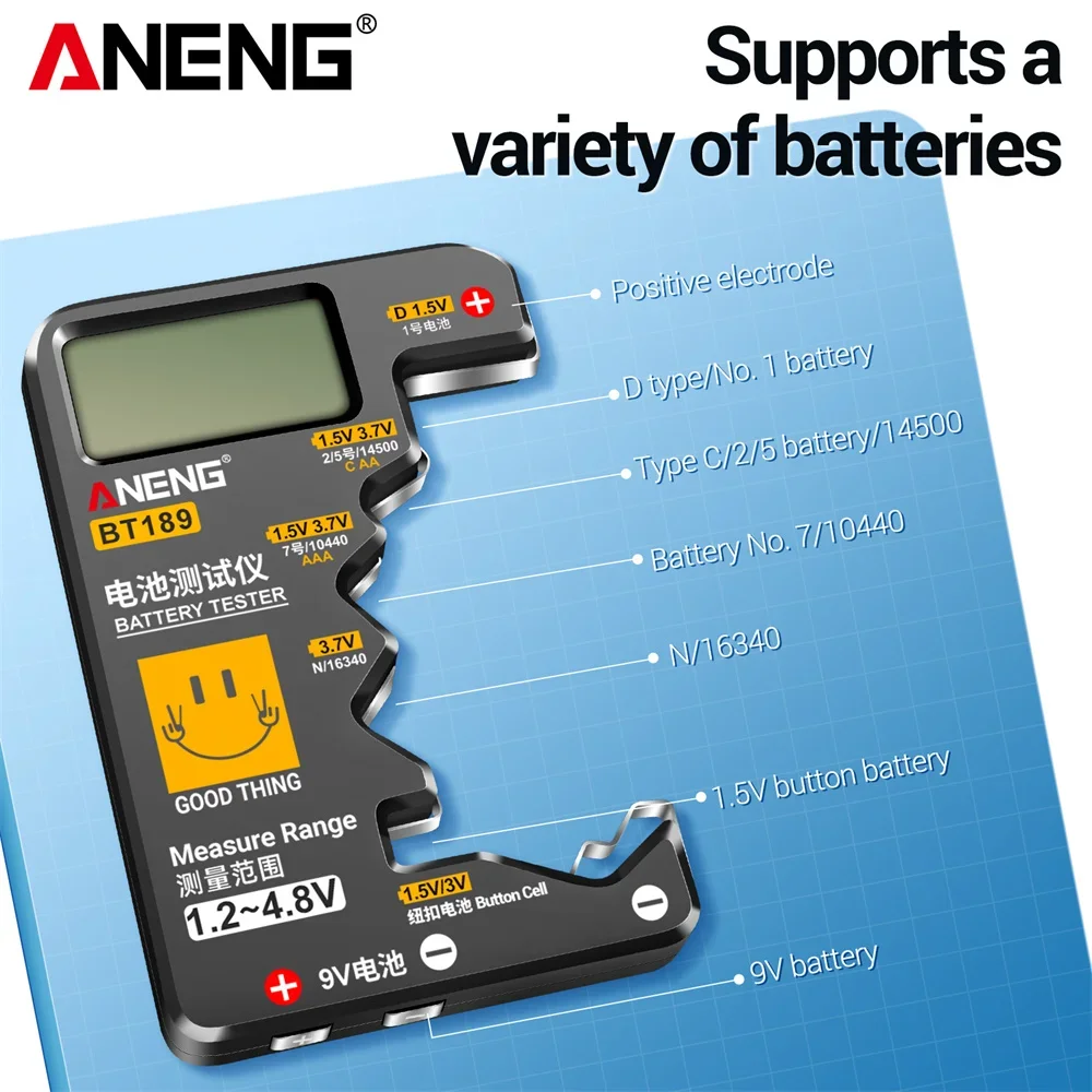 Тестер Аккумуляторов ANENG BT189 кнопочный универсальный бытовой прибор для проверки