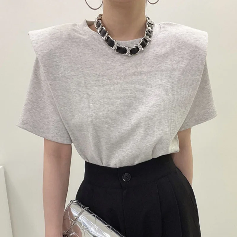 

Clothland Female Elegant Shoulder Pads T Shirt O Neck Short Sleeve Tees Candy Color Chic Summer Tops DA51