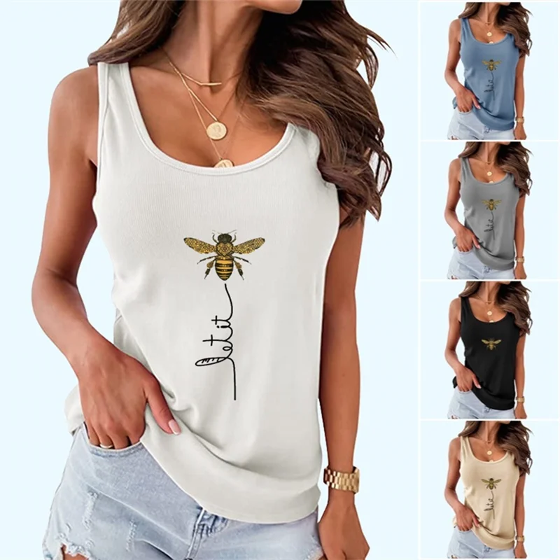 

Women Fashion Sleeveless Top Fashion Slim Fit Vest T-shirt Casual Halter Shirt Summer Bee Print Tank Top Ladies Camisole Top