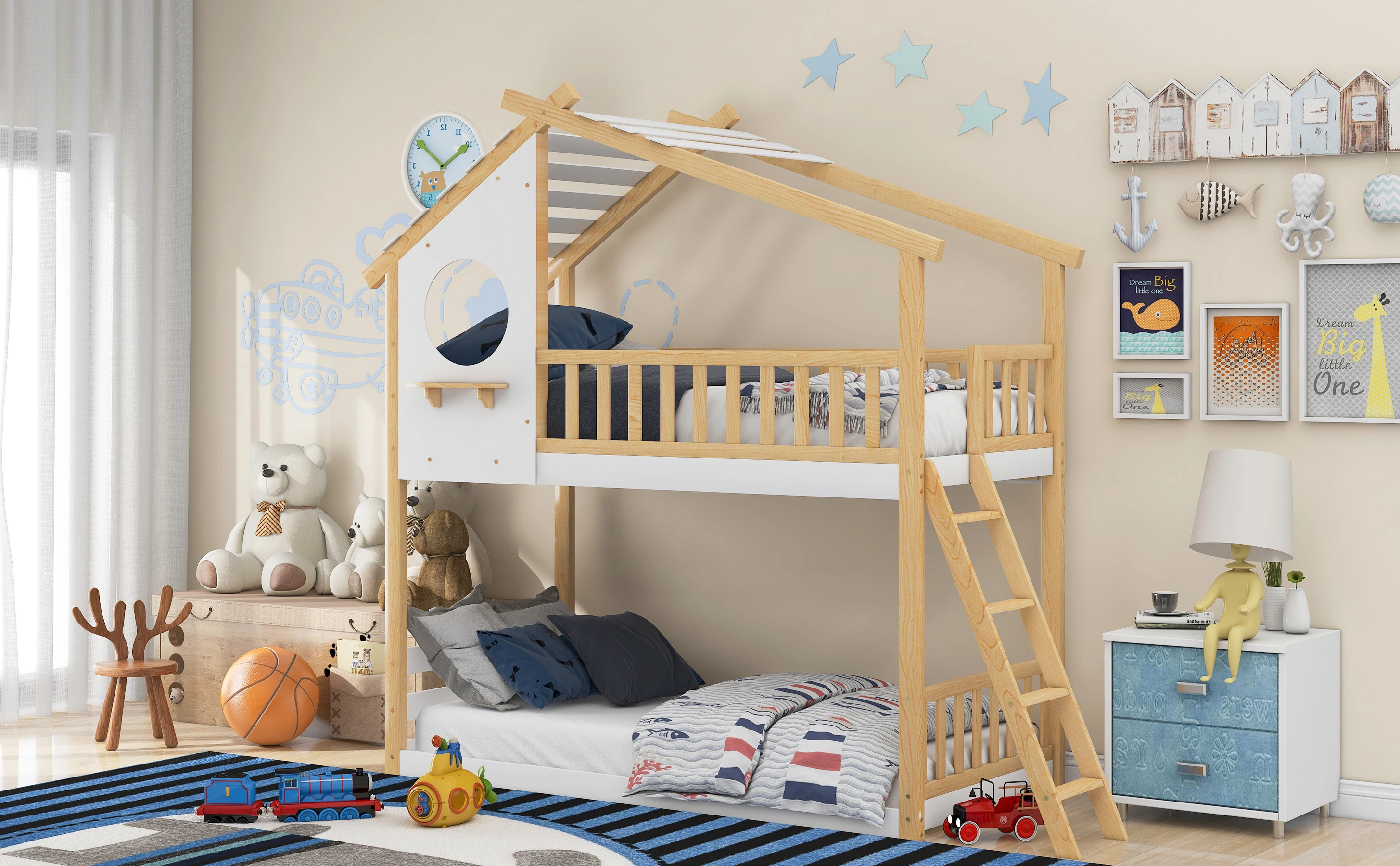 

(USA Stock)Twin Over Twin Bunk Bed Wood Bed with Roof, Window, Ladder