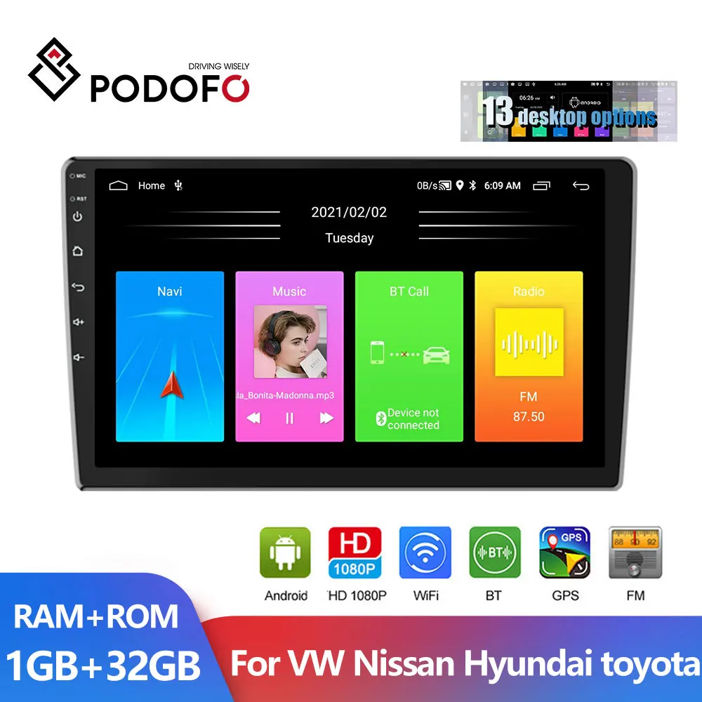 

Podofo 2 Din 10'' Android Car radio Multimedia Video Player Universal Stereo GPS For Volkswagen Nissan Hyundai Kia Toyota