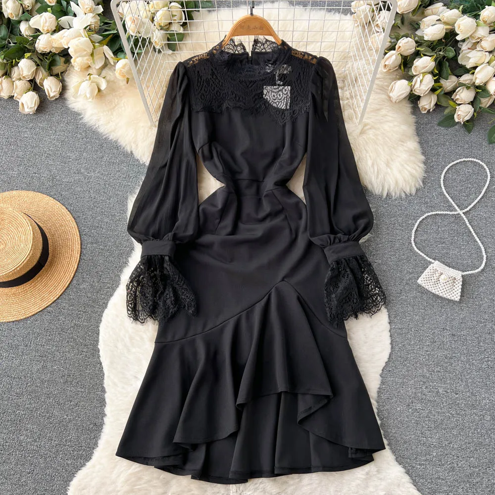 

South Korea Thin Waist Irregular Ruffle Lace Splicing Flared Sleeves Celebrity Princess Dress