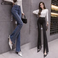fashion with side slit skinny wide leg jeans for women 2022 autumn new high waist slimming rhinestone denim pants all matching