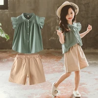 2022 new teenager summer kids girls clothes flying sleeve blouse shirt short leisure loose pants teens 7 8 9 11 12 13 14 years