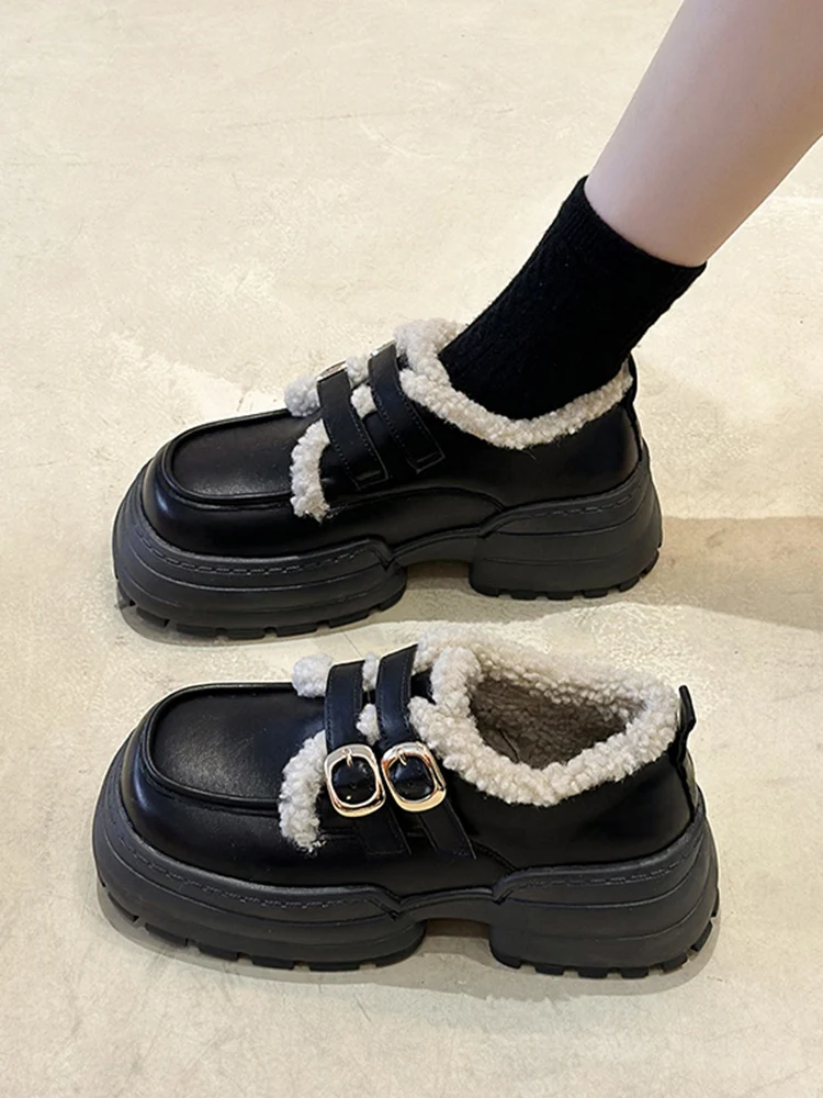 

Shoes Woman 2022 Oxfords All-Match Clogs Platform Autumn New Leather Creepers Fall Retro Winter PU Short Plush Mary Janes Rome R