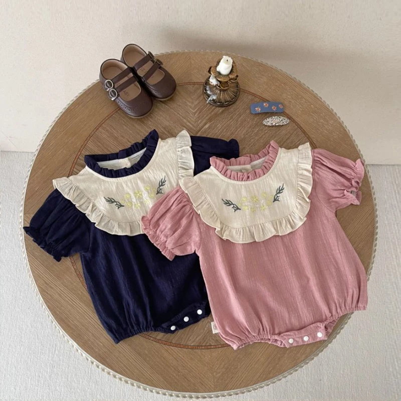 

2023 летняя детская одежда, боди для девочек, цельный комбинезон с цветочной вышивкой, комбинезон с коротким рукавом, льняная одежда для младенцев