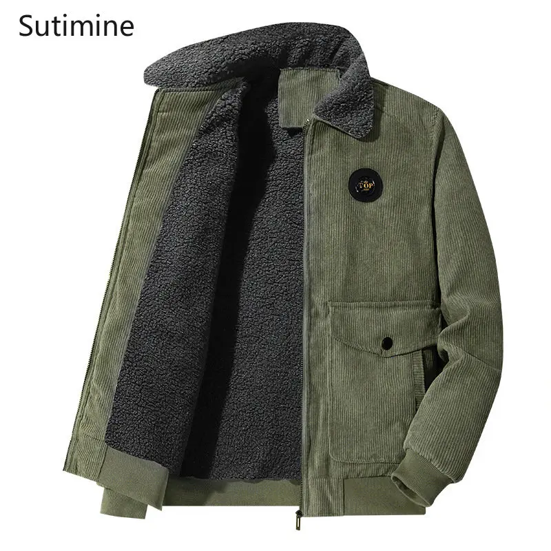 Men Clothing Winter Coat Casual Turn-down Collar Corduroy Coat Thickened Cashmere Jacket Warm Cotton Coat hooded Coat Men Winter