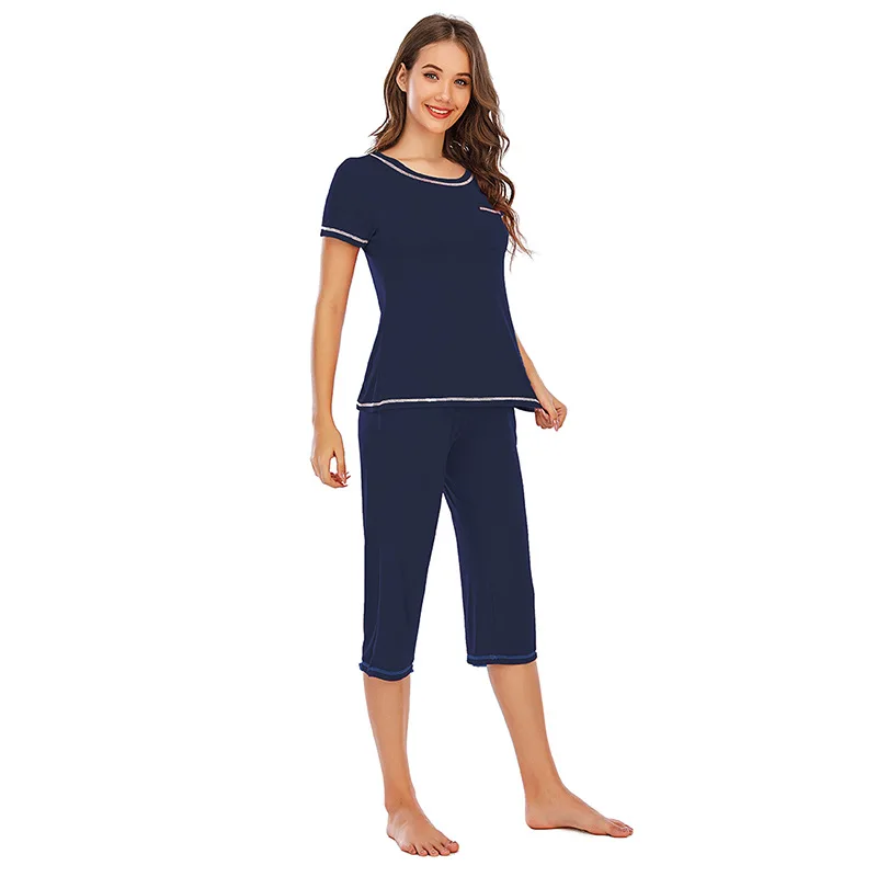 Spring and Autumn Women's Pajamas Suit Modal Short-sleeved Cropped Trousers Casual Home Service Pajama Set Women Sleepwear