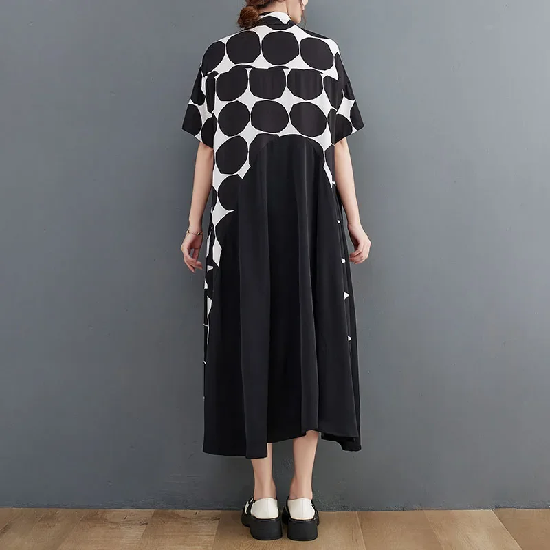 Платье-рубашка в горошек с коротким рукавом летучая мышь