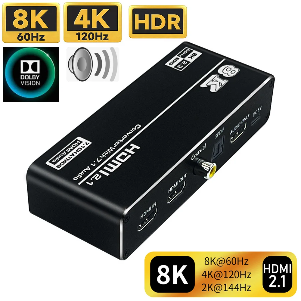 HDMI 2.1 Audio extractor Audio Toslink Splitter  4K 120Hz 8K 60Hz HDMI Video Converter  Receiver Dolby Vision for PS5 Xbox S TV