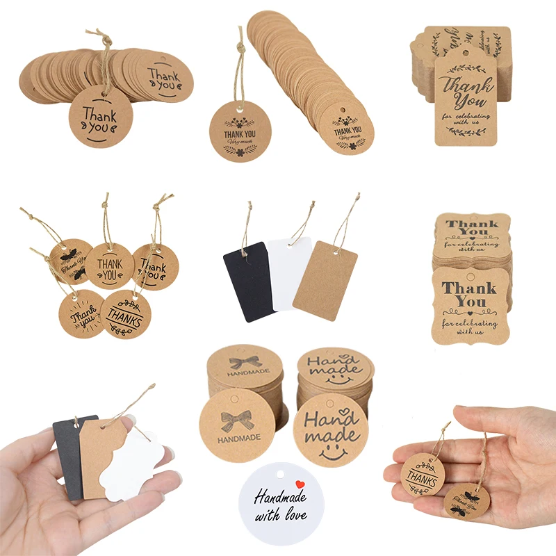 

100pcs Kraft Paper Thank You Label Wedding Party Favor Gift Hang Tag DIY Handmade Jewelry Price Wrapping Label Cards Candy Tags