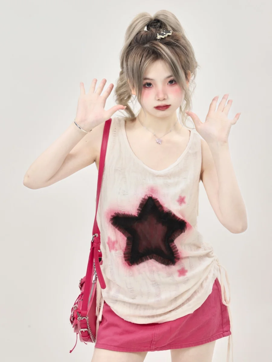 Функциональный отходы Soil Wind Gyaru Sweet and Spicy Свободный жилет с вышивкой XINGX Женская