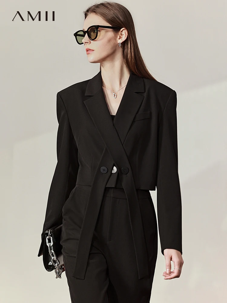 

Amii Minimalism Summer Women's Suit Jacket Black Notched Full Sleeve Button Loose Blazer Coat Office Lady Blazers Woman 12240245