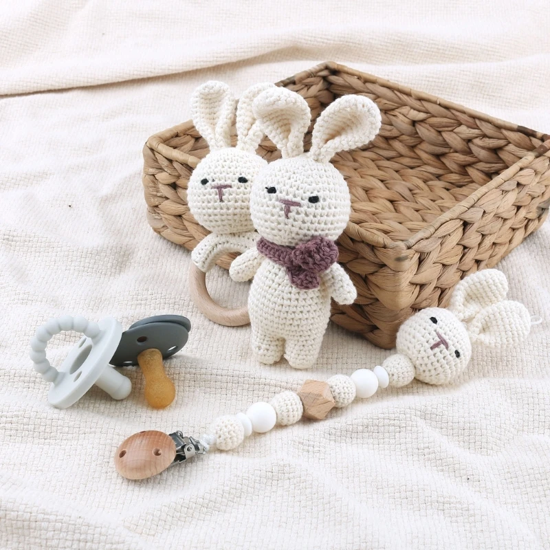 

Baby Pacifier Clip Crochet Rabbit Handbell Teething Rattle Dummy Chain Boy Girl Unisex Rattle Teether Infant Shower Gift A2UB