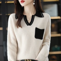 autumn and winter fashion style pure wool sweater womens polo lapel pullover top loose bottoming cashmere color matching shirt