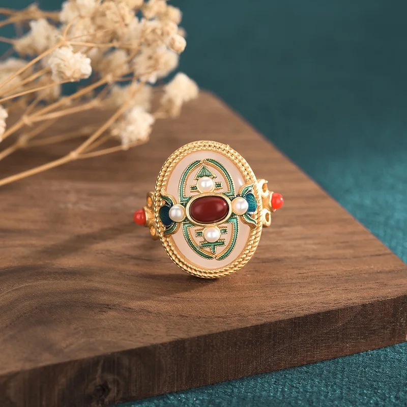 

Ancient Law Inheritance Gold-Plated Palace Chinese Style Elegant Ring Enamel Color White Jade South Red Pearl Ring Women Jewelry
