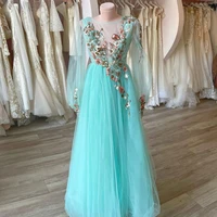 light blue tulle dress longs sleeve prom dress o neck see through floral dress long evening dresses elegant dresses for women
