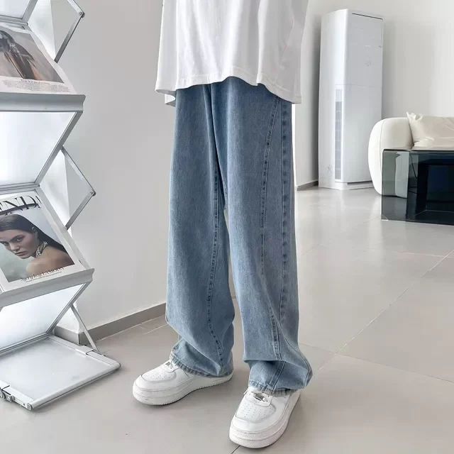 2022New Summer New Casual Jeans Men Fashion Straight Loose Jean Pants Neutral Streetwear Solid All-match Wide-leg Trousers