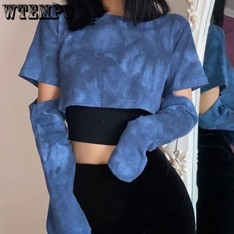 

Топы из двух частей Tie-Dye, женские короткие футболки с вырезами на рукавах, уличная одежда, стильные повседневные рубашки для весны и осени