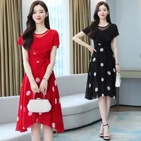 2022 summer korean wave point chiffon ladies dresses short sleeve bow sashes red black vestidos elegantes dress