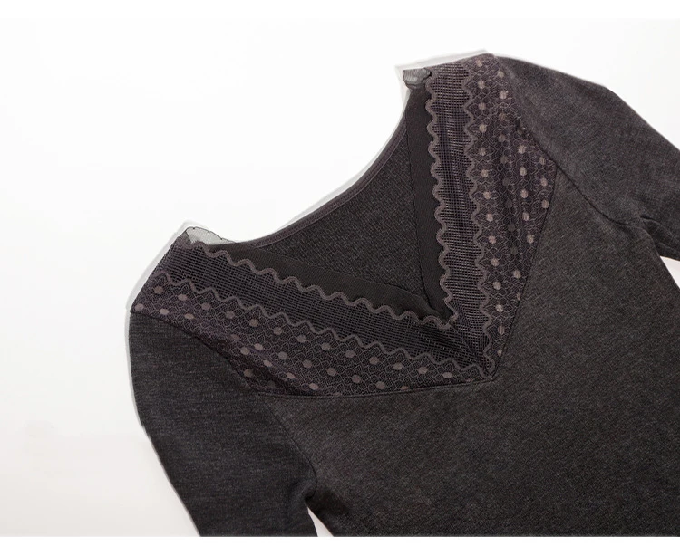 Womens Thermal Underwear Set Basic Lace Dots Pullover Intimate 2022 Autumn Winter Long Sleeves Deep V Neck Seamless Shaper