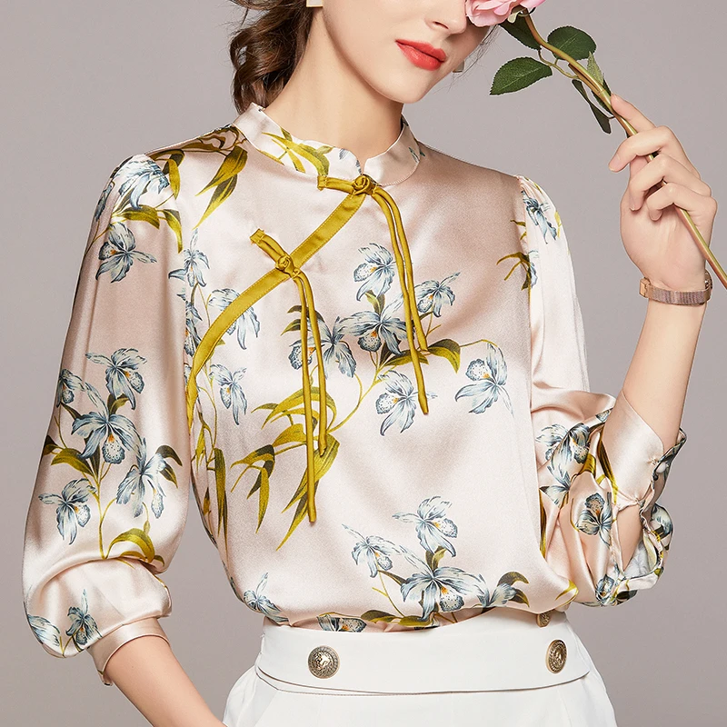 

Женская рубашка в китайском стиле, винтажные элегантные женские рубашки с длинным рукавом, блузки, свободные топы, женская блузка из натура...