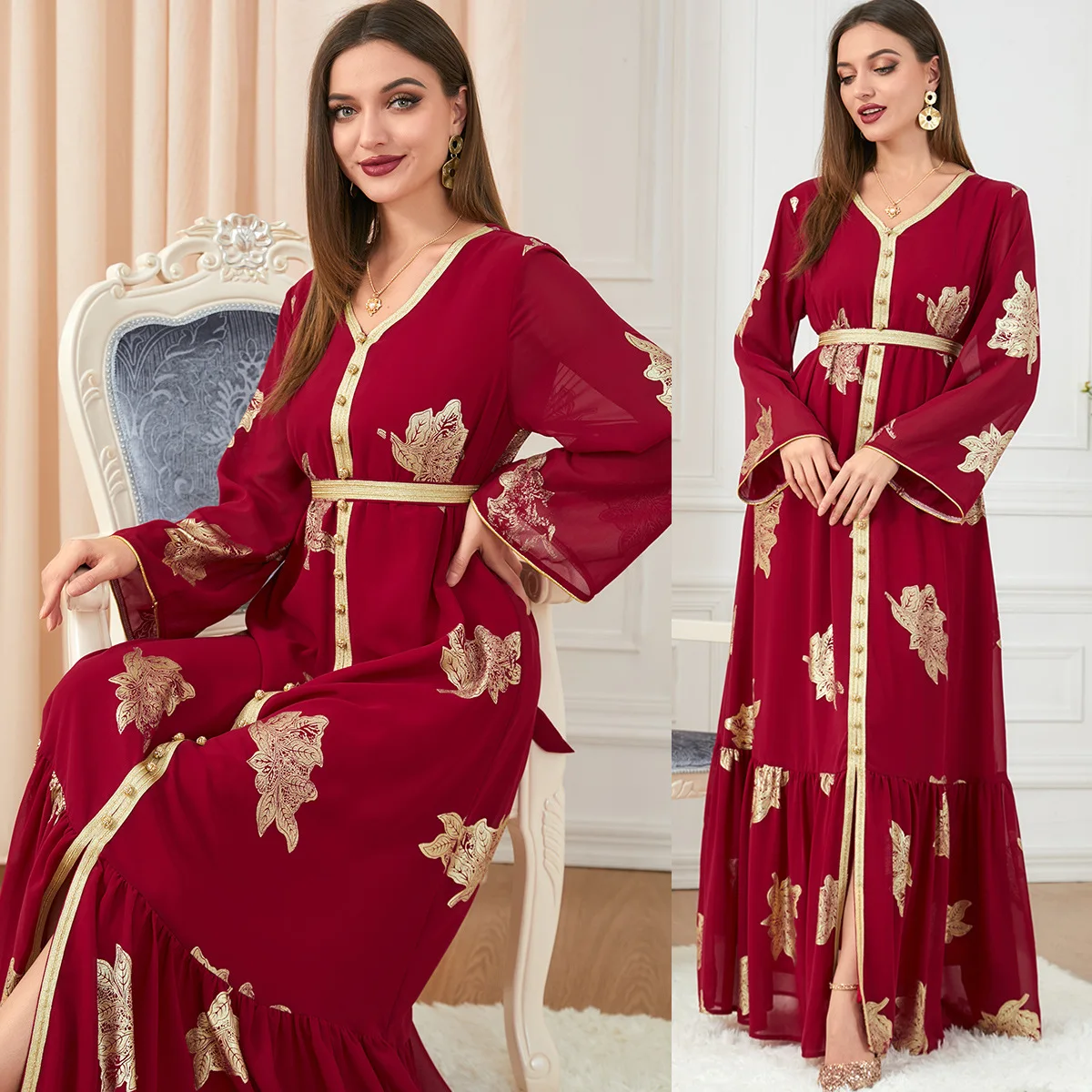 Party Dresses Abayas For Women Dubai 2023 Printed Long Sleeve V-Neck Button Tape Trim Belted Kaftan Split Hem Clothes For Women