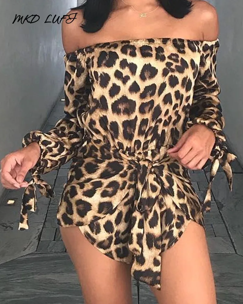 

MKDLUFI Leopard Print Off Shoulder Tie Detail Romper
