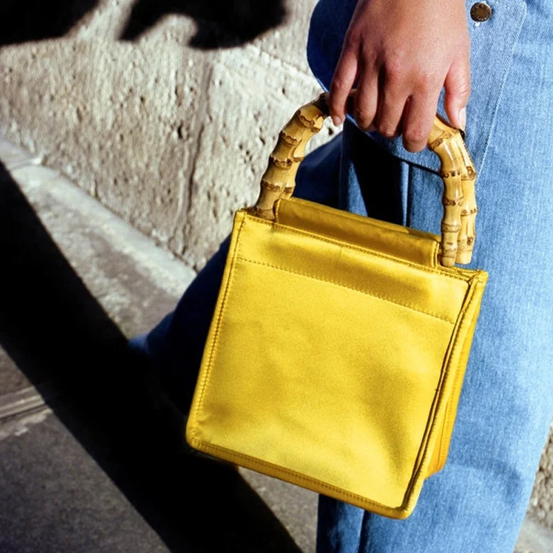 

2022 fashion niche silk Nylon thick handle bamboo bag ladies bag new single arm yellow square bag
