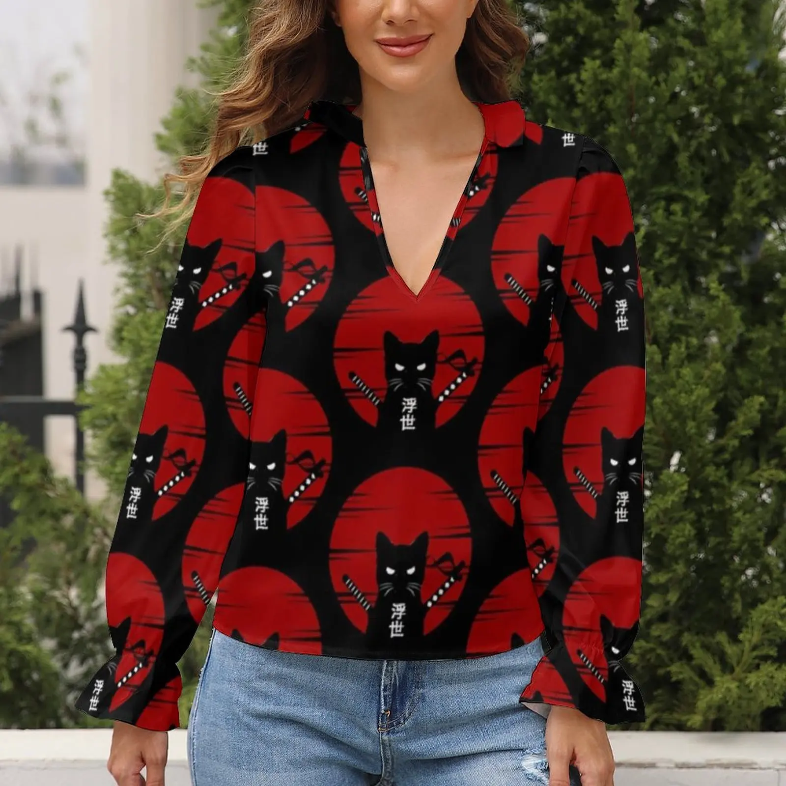 

Japanese Cat Blouse Anime Puffy Sale Evening Girls Shirt Chic V Neck Shirts