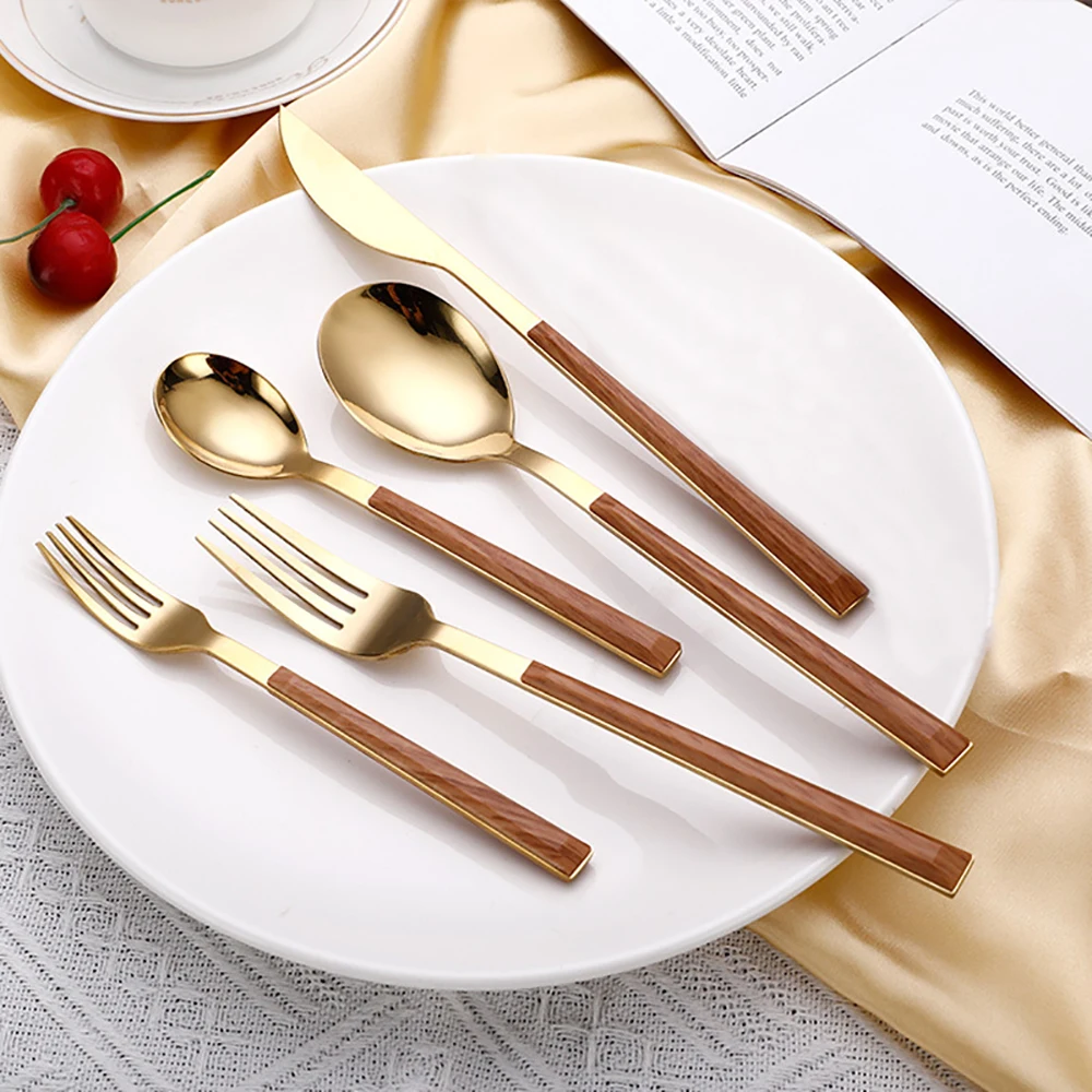 

24pcs Imitation Wood Handle Western Cutlery Set Stainless Steel Cutlery Set Knife Fork Spoon Cutlery Silverware Kitchen Utensils