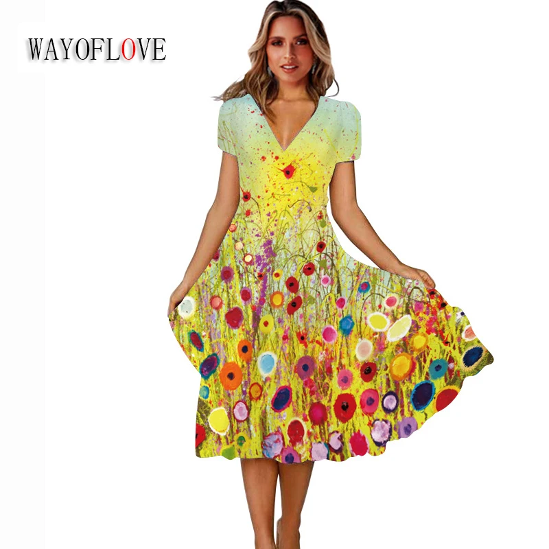 

WAYOFLOVE Spring Summer Elegant Woman Dress Casual Beach Holiday Short Sleeve Party Vestidos Yellow Flower Print Vintage Dresses