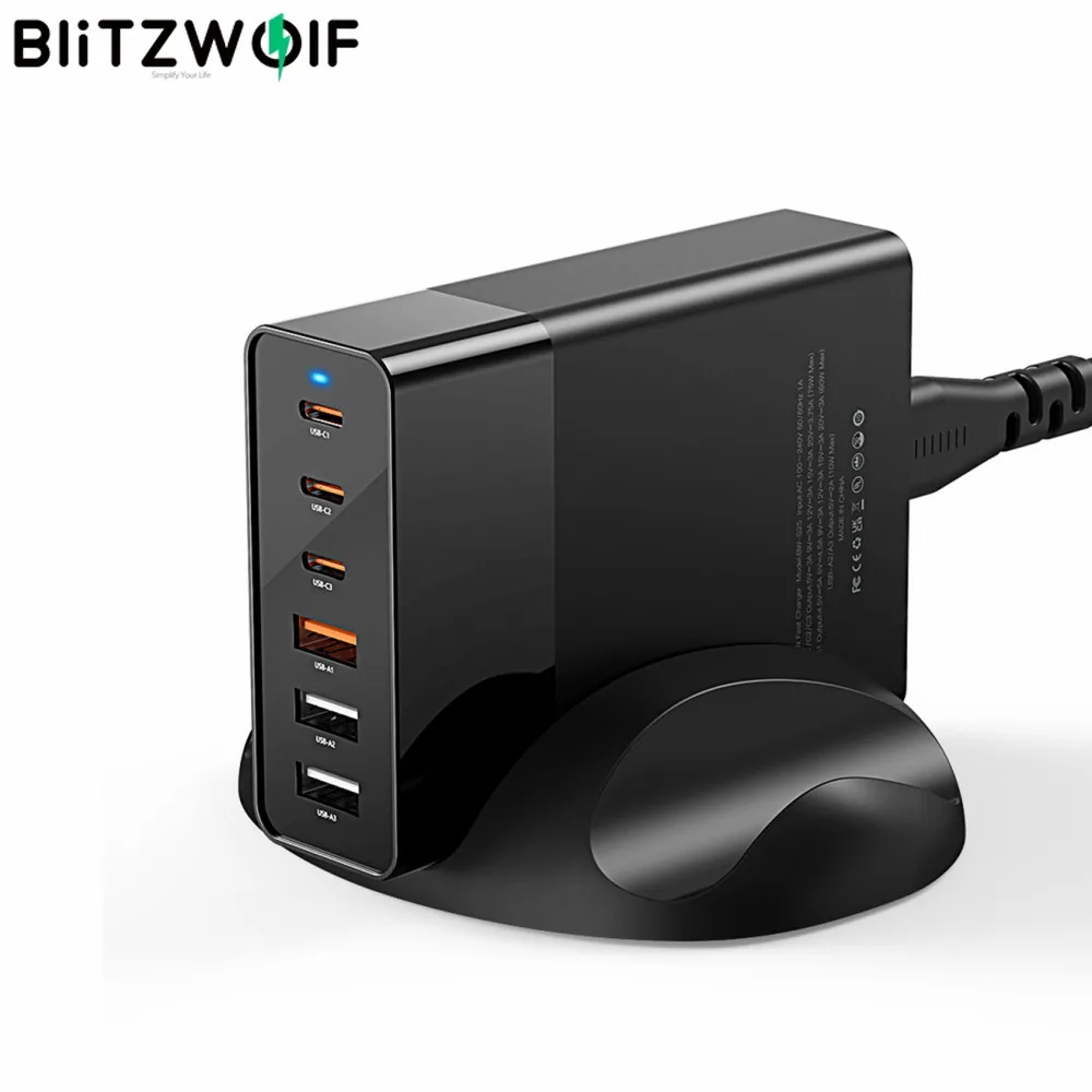 BlitzWolf BW-S25 75 Вт 6 портов Настольная зарядная станция Зарядное устройство PPS PD3.0 QC3.0 SCP Быстрая зарядка для iPhone 14 14 Plus 14 Pro Max для Samsung Galaxy Z Fold 4 S22 Ultra MacBook Air для iPad Pro 2021