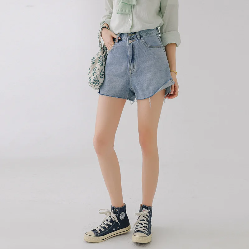 2021 Summer Women New High-waist Slit Slim Shorts Female Raw-edged Loose Jeans with Buttons Solid Color Cotton Casual Streetwear