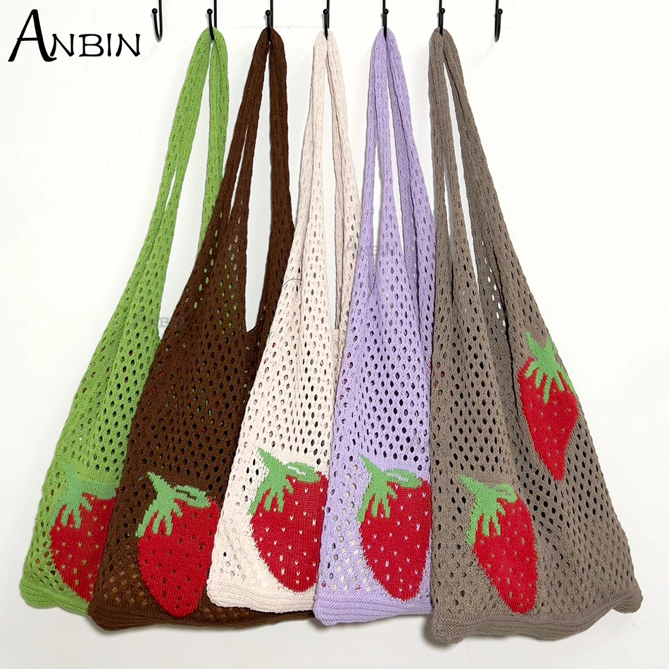 

Women's Shoulder Bags Designer Beach Totes Knitted Vest Strawberry Pattern Crochet Bag Large Capacity Female Handbag Shopper