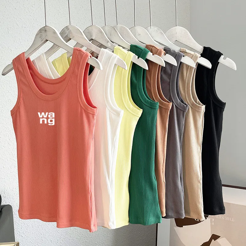 

Fashion Summer Womens Vest High Street Trendy Letters for Women Cotton Cotton Rib Round Neck Tank Top Bottom Short T-shirt
