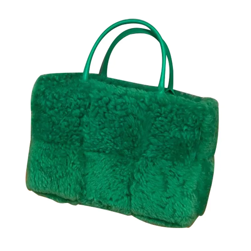 

2022 Winter Designer New Women Faux Fur Lamb Sherpa Bag Shoulder Tote Drawstring Large Capacity Heavy Patchwork Grid Green