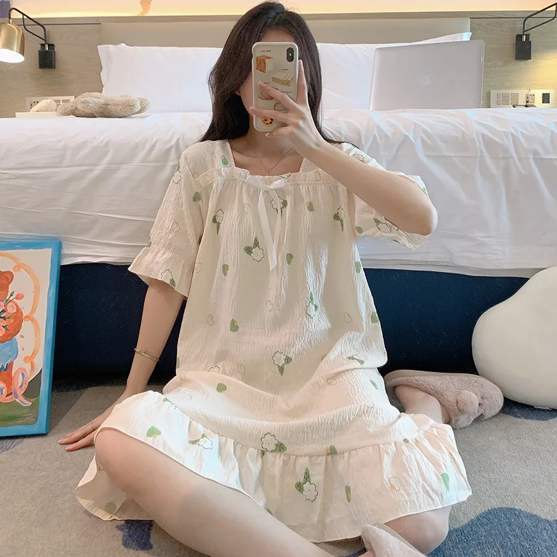 Женская ночная рубашка с квадратным вырезом и бантом летняя тонкая мягкая