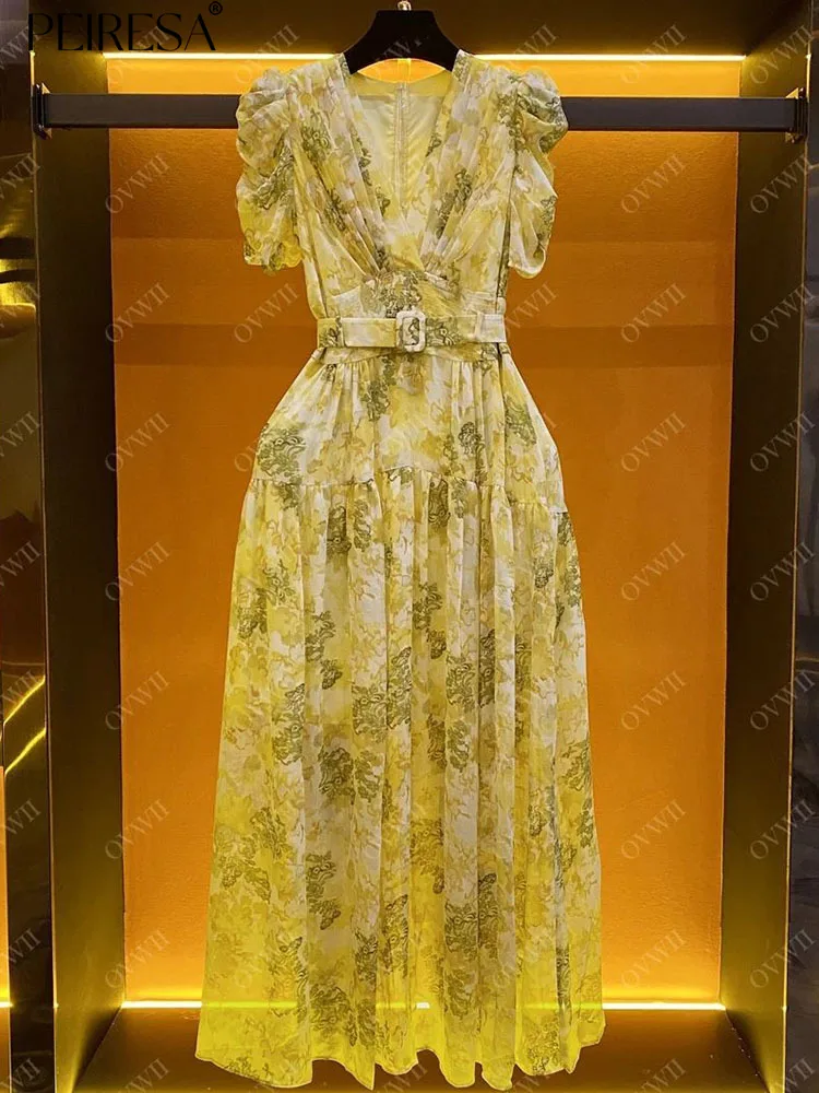 

PEIRESA French Elegant Floral Print Dress Women 2023 Summer New Fashion Pleated V Neck Puff Sleeve Slim Waist Lace Up Dresses