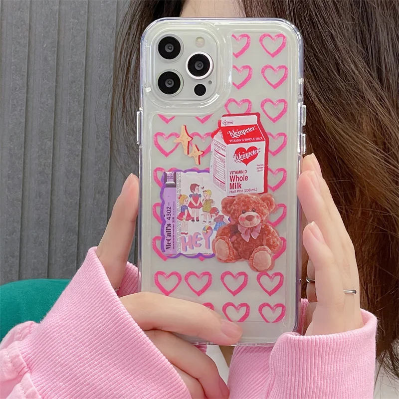 

Babes Rose Heart Cartoon Bear Fashion Transparent Sweet Space Shell Anti-drop For iphone 11 12 13 Pro Max XR Xs Max Phone Case